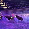 A blurred image captures a horse and rider in mid-action at an indoor equestrian event, with a crowd of spectators in the background.