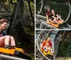 Two people are enjoying a thrilling ride on a mountain coaster laughing joyfully as they descend the track