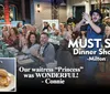 The image features a group of people dressed in 1920s-style attire enjoying a dinner show with text reviews praising the performance and service alongside an inset of rolled pasta with sauce