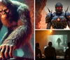 The image is divided into two sections with the top showing a large ape-like creature in a mystical setting labeled Squatcharazzi Spotlight and the bottom featuring a robotic warrior with text Echoes of the Badlands Surge the Grid Defy the Synths