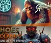 The image is divided into two sections with the top showing a large ape-like creature in a mystical setting labeled Squatcharazzi Spotlight and the bottom featuring a robotic warrior with text Echoes of the Badlands Surge the Grid Defy the Synths