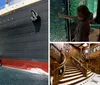 This image features a group of people looking at a large stationary replica of the Titanic ship next to an artificial iceberg likely part of a themed attraction or exhibit