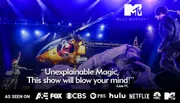 The image shows a staged performance featuring a helicopter and performers under dramatic lighting, with a quote praising the show's magic, and logos from various media outlets including MTV, Hulu, and Netflix.