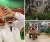 A person in a lab coat and goggles is playfully posing with a large model of a dinosaurs head