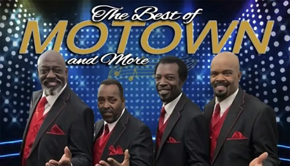 The image features four sharply-dressed men in suits with red accents posing for The Best of MOTOWN and More graphic backdrop with musical motifs