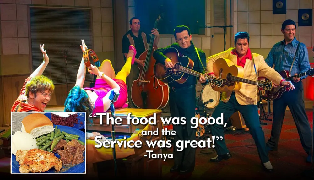 The image shows a lively scene with performers dressed in 1950s attire playing guitars and a double bass on stage while a person wearing vibrant clothing is upside down with legs in the air in front and theres a superimposed picture of a plate of food featuring what appears to be meat vegetables and bread