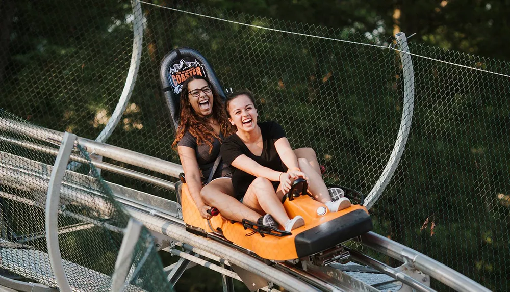 Two people are laughing joyfully while riding a mountain coaster