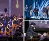 A performer is singing on stage while a group of dancers with cowboy hats performs a synchronized routine behind him all set against a vibrant light display