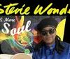 The image features a person wearing sunglasses and a hat posing in front of stylized text and colorful abstract graphics related to music with Stevie Wonder  More Soul written in a vibrant font