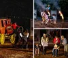 Performers in Wild West attire are present in front of a stagecoach with one man smiling and twirling a lasso evoking the atmosphere of a classic western show