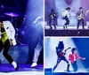 Three performers onstage exhibit a dynamic dance pose reminiscent of Michael Jacksons iconic style with the central figure donning a white jacket and gold belt