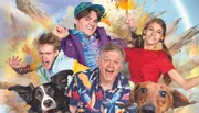 The image features a lively group of people and two dogs with joyful expressions superimposed over a colorful, abstract background.