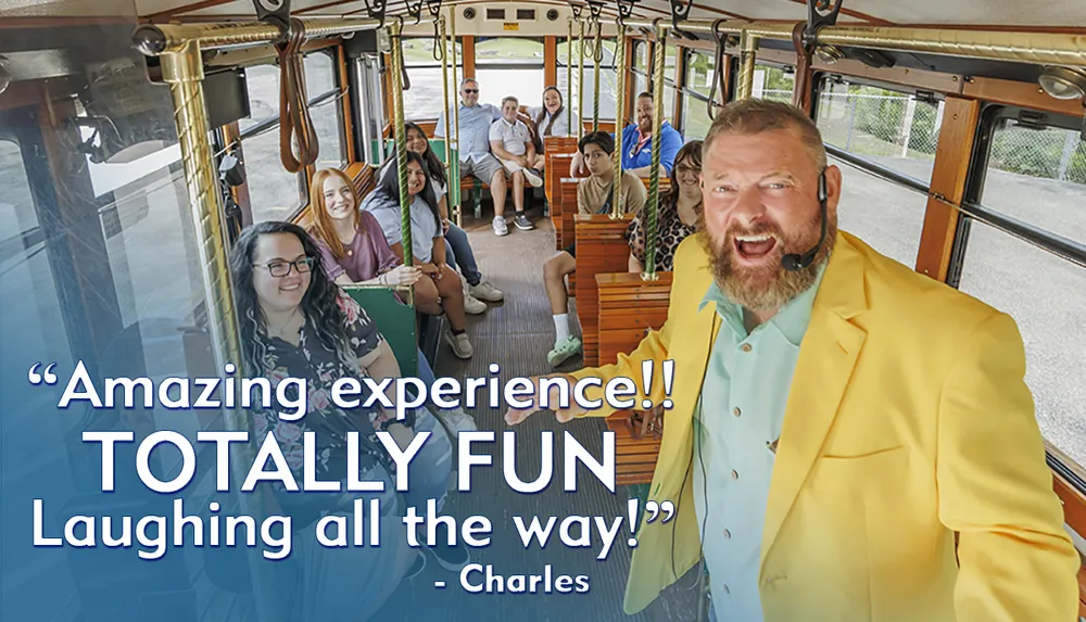 A jovial man in a yellow jacket is enthusiastically addressing passengers in a trolley-style vehicle with a quote bubble indicating a positive and amusing experience as passengers in the background exhibit a mix of smiles and neutral expressions