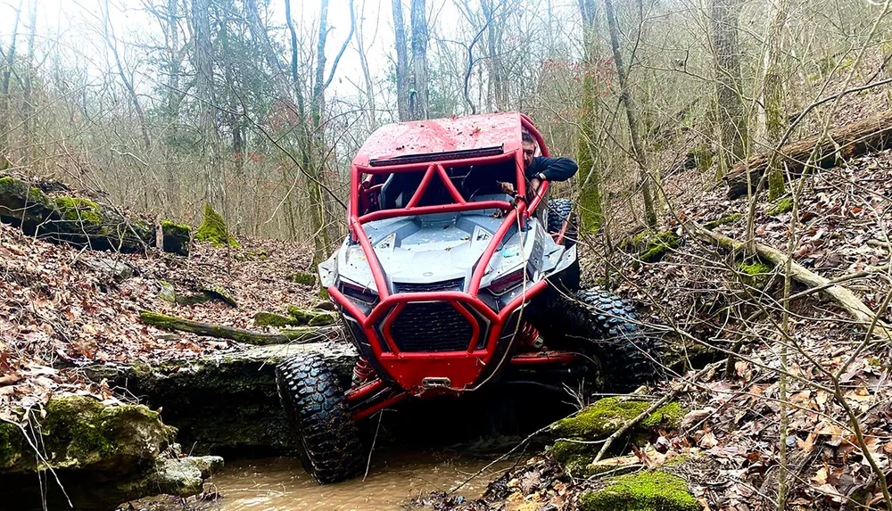 A red off-road vehicle is navigating a rocky creek bed with a person visible behind the roll bars engaged in an outdoor adventure