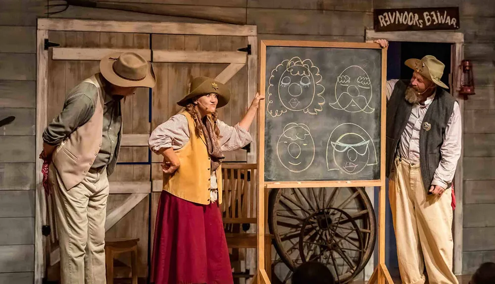 Three actors in period costumes are engaging in a scene on a rustic set with one of them pointing at a chalkboard with drawings of cartoonish faces