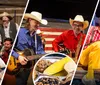 The image depicts a lively scene from a theatrical performance called Whodunnit Hoedown as a part of Branson Dinner Shows with actors dressed in western-style costumes expressing a range of exaggerated emotions