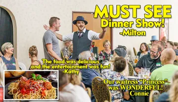 A lively dinner show scene with an engaging performer and guests enjoying their meals, accompanied by positive reviews praising the food, entertainment, and service.