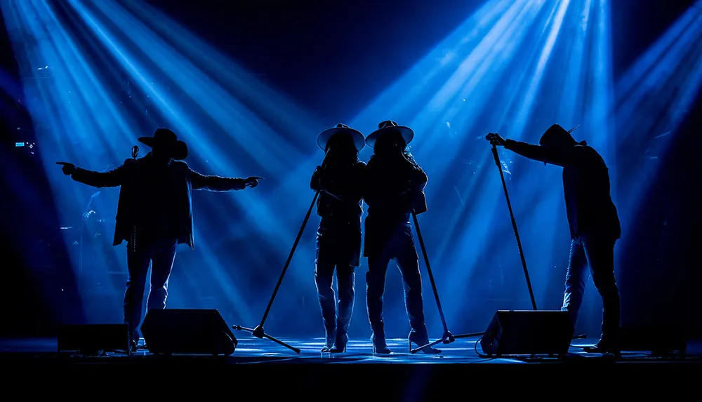 Silhouetted musicians wearing cowboy hats are illuminated by striking blue stage lights during a performance