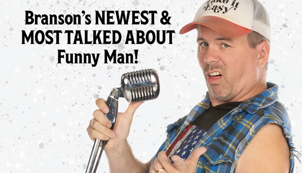 The image shows a surprised man in a cut-off plaid shirt and a cap humorously holding a large vintage microphone with text proclaiming him as Bransons newest and most talked-about funny man