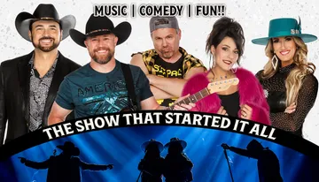 The image shows a lively stage performance by Branson's Famous Baldknobbers, featuring colorful lighting and musicians, with an inset displaying an entertainer in vibrant attire.