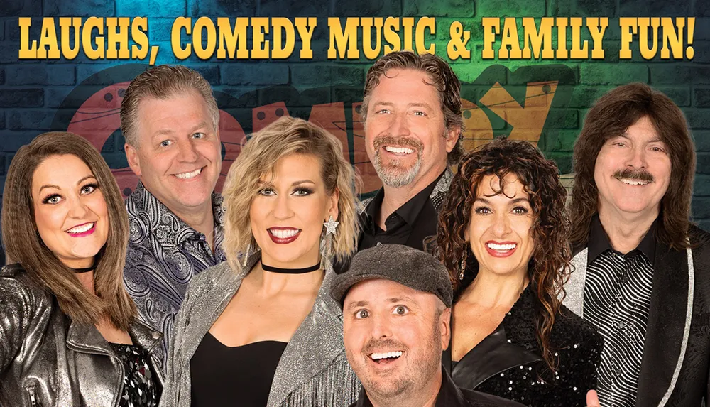 The image features a promotional poster showing seven smiling individuals dressed in semi-formal attire with text emphasizing the entertainment aspects of laughter comedy music and family fun