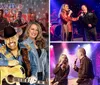 The image is a vibrant promotional graphic featuring a group of smiling musicians dressed in country-style attire overlaying a background with a rustic metallic look and neon sign text that reads Down Home Country