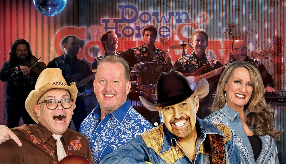 The image is a vibrant promotional graphic featuring a group of smiling musicians dressed in country-style attire overlaying a background with a rustic metallic look and neon sign text that reads Down Home Country