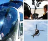 A smiling person wearing sunglasses and a headset is looking out the window of a helicopter observing a landscape from above