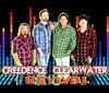 The image shows a vibrant graphic with four men likely a band in front of a colorful backdrop that includes the name Creedence Clearwater Revival in a stylized font