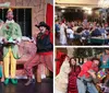 Four people are dressed in colorful and theatrical Christmas-themed costumes expressing exaggerated emotions in what appears to be a festive play or performance