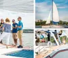 A group of people enjoys a sunny day sailing on a boat named Spirit of America with a backdrop of a lakeshore and buildings