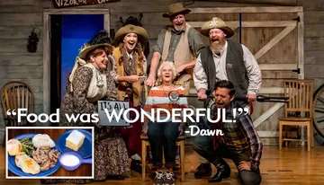 The image depicts a lively scene with five people dressed in Western-style costumes at a dinner theater, expressing exaggerated emotions of joy, alongside a quote saying 