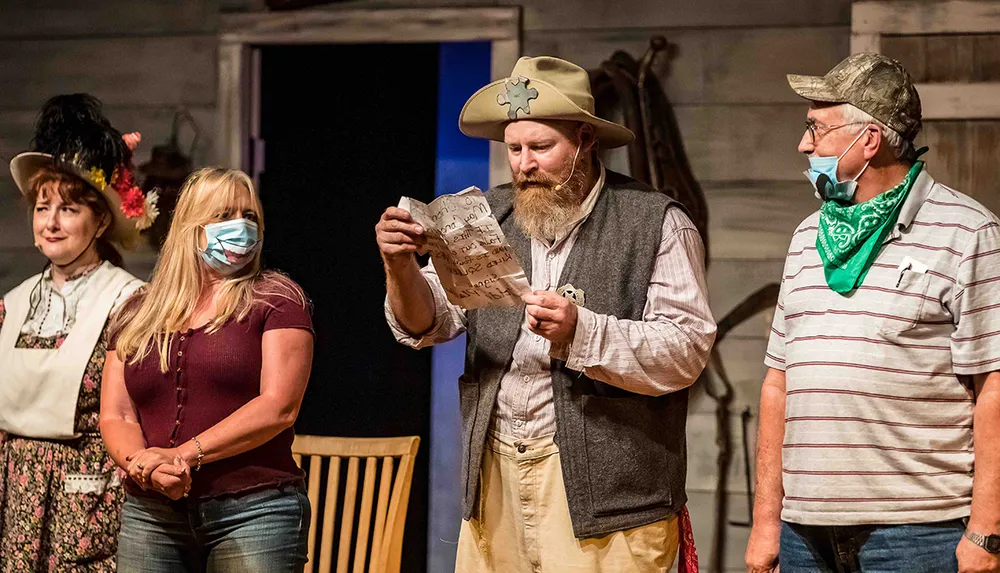 Four individuals stand on stage with two of them wearing face masks as one person in a cowboy hat intently reads from a paper