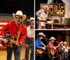 The image depicts a cheerful band of musicians dressed in Western attire playing country music juxtaposed with an inset picture of traditional Southern cuisine embodying a vibrant celebration of American Southwestern culture