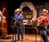 The image depicts a cheerful band of musicians dressed in Western attire playing country music juxtaposed with an inset picture of traditional Southern cuisine embodying a vibrant celebration of American Southwestern culture