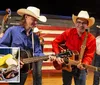 The image depicts a cheerful band of musicians dressed in Western attire playing country music juxtaposed with an inset picture of traditional Southern cuisine embodying a vibrant celebration of American Southwestern culture