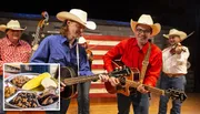 The image depicts a cheerful band of musicians dressed in Western attire playing country music, juxtaposed with an inset picture of traditional Southern cuisine, embodying a vibrant celebration of American Southwestern culture.