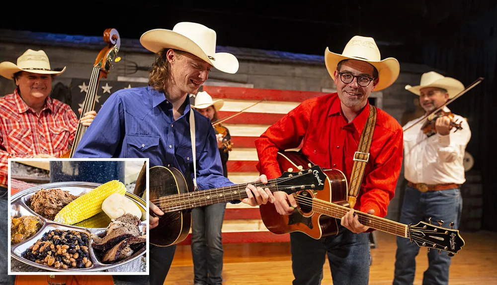 The image depicts a cheerful band of musicians dressed in Western attire playing country music juxtaposed with an inset picture of traditional Southern cuisine embodying a vibrant celebration of American Southwestern culture